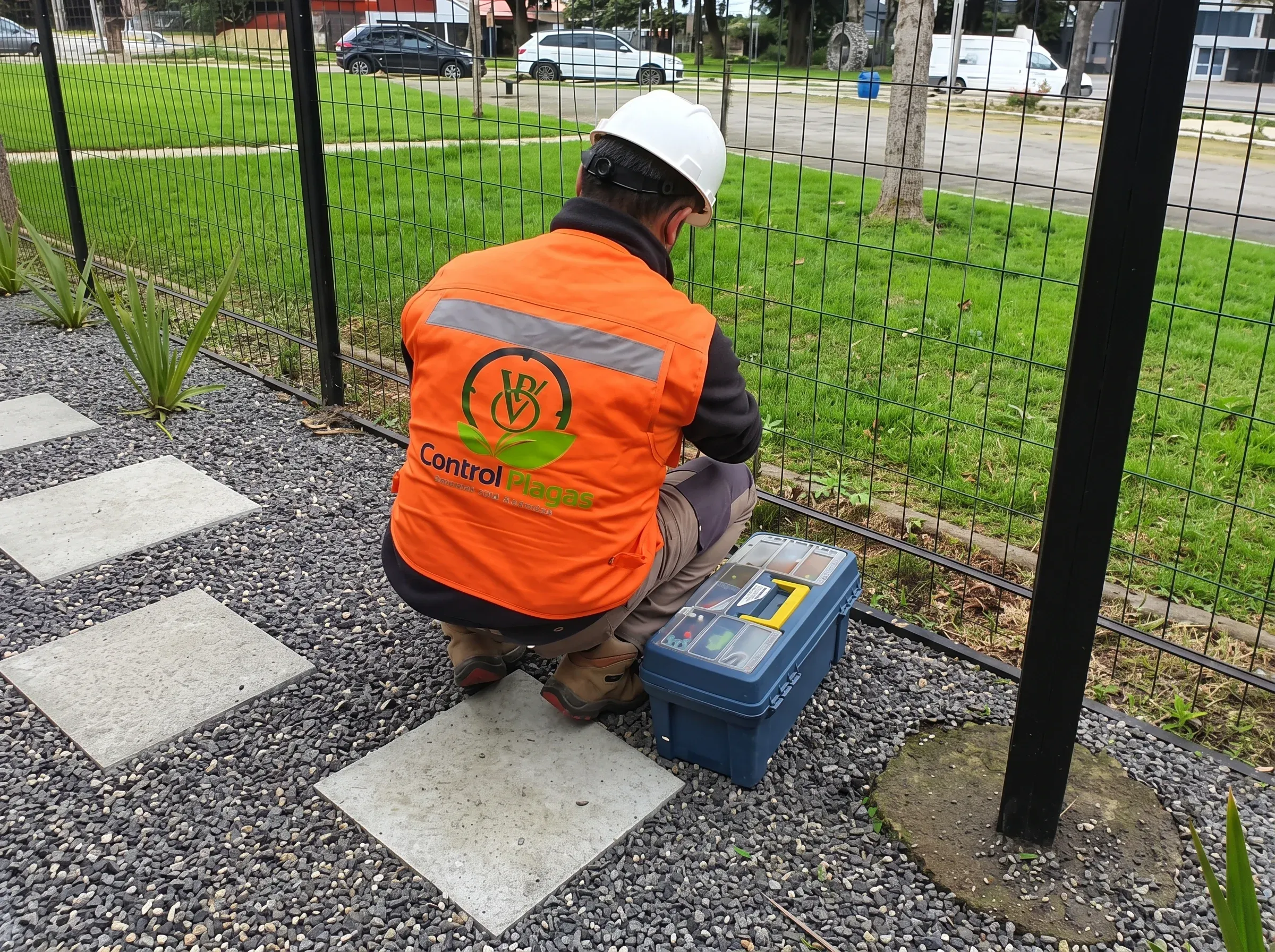 Técnico de B&V Control Plagas revisando una estación cebadera en el perímetro de una instalación